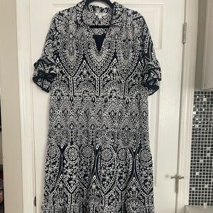 Brand New chicos Embroidered Navy tiered Lined 100%cotton dress